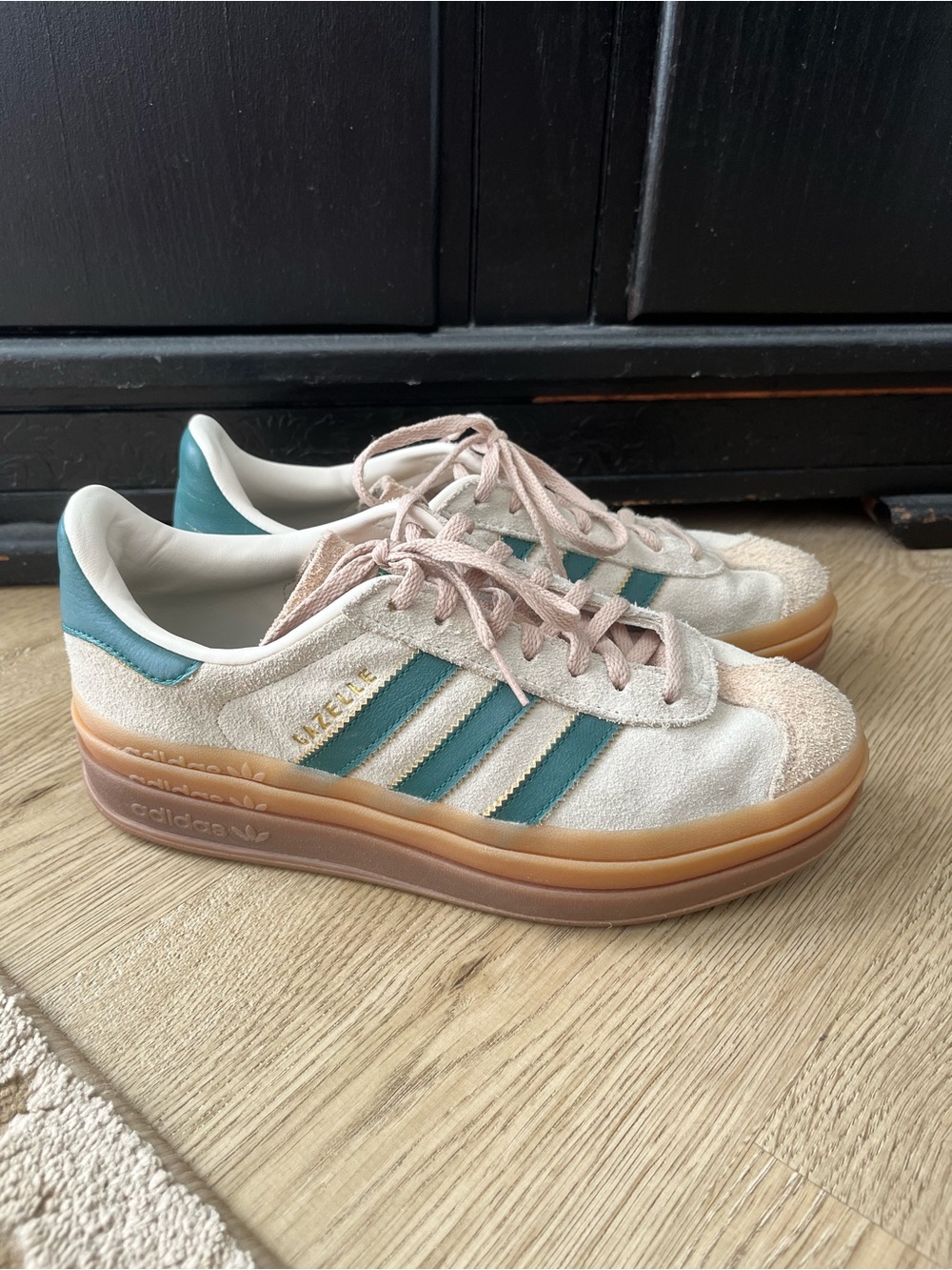 Adidas Gazelle Platform Sneakers - Cream with Green Stripes